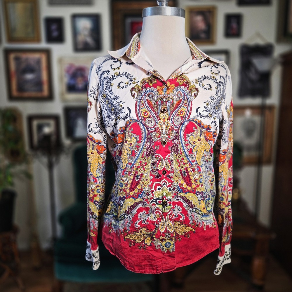 Robert Graham Womens Shirt Paisley Button Down Red‎ Embroidered Cuffs Cotton M